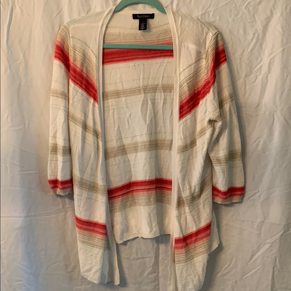 White House Black Market Cream Pink Gold Striped Cardigan Sweater Long Sleeve